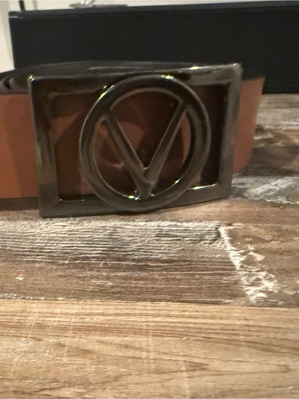 Valentino Brown Leather Belt with Gunmetal V Buckle